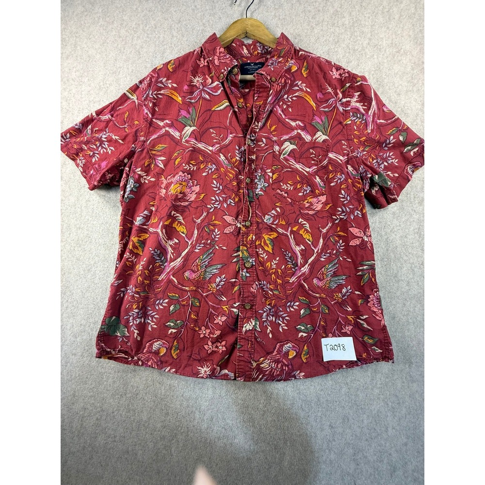 American Eagle Mens Large Red Tropical Parrot Floral Short Sleeve Button Down